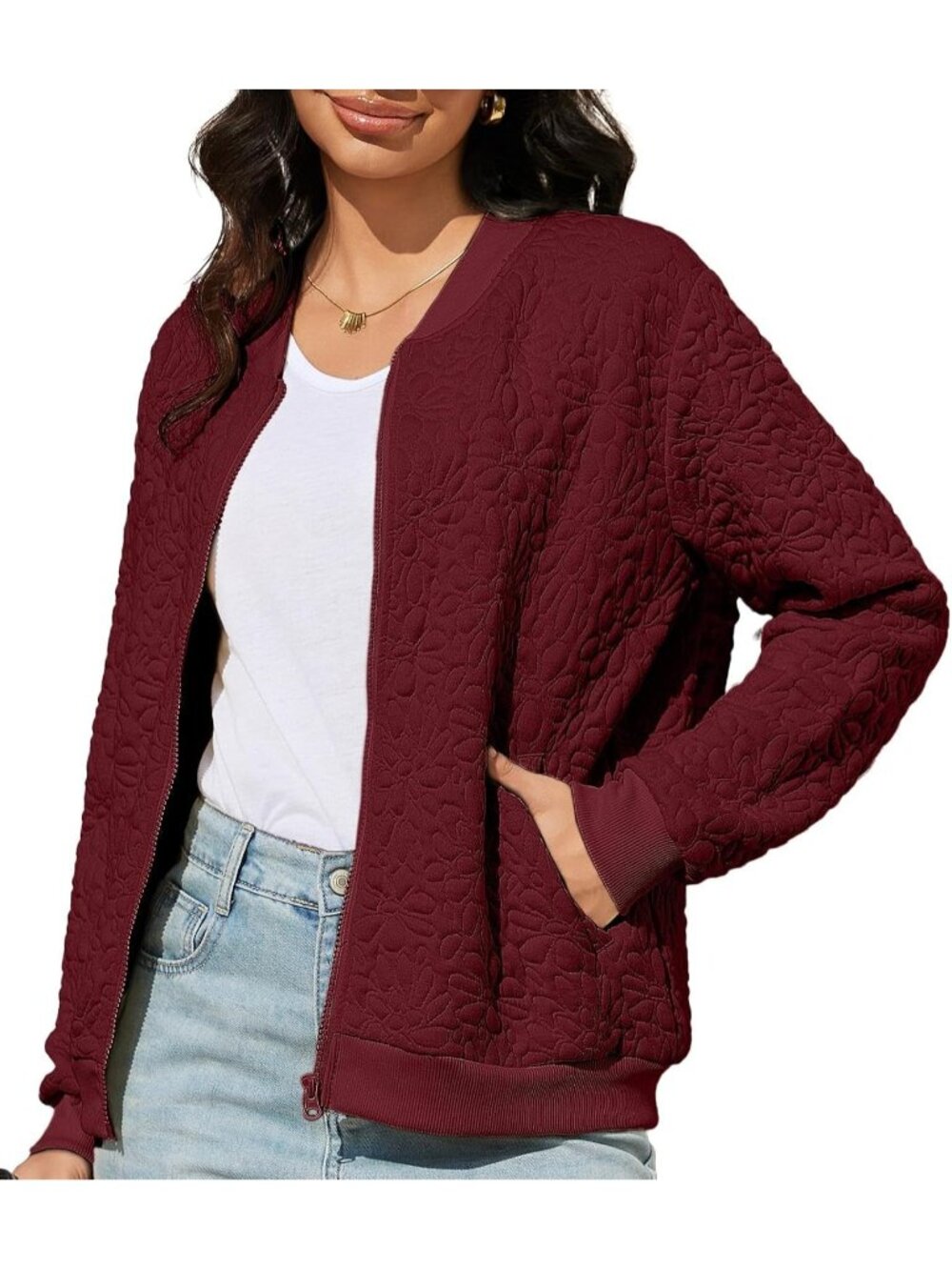 🆕Women's Wine Red Long Sleeve Full Zip Sweatshirt Casual Jacket With Pockets